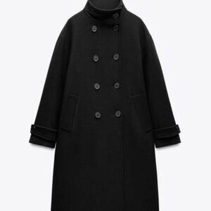 Sleek Black High Collared Wool Blend Jacket